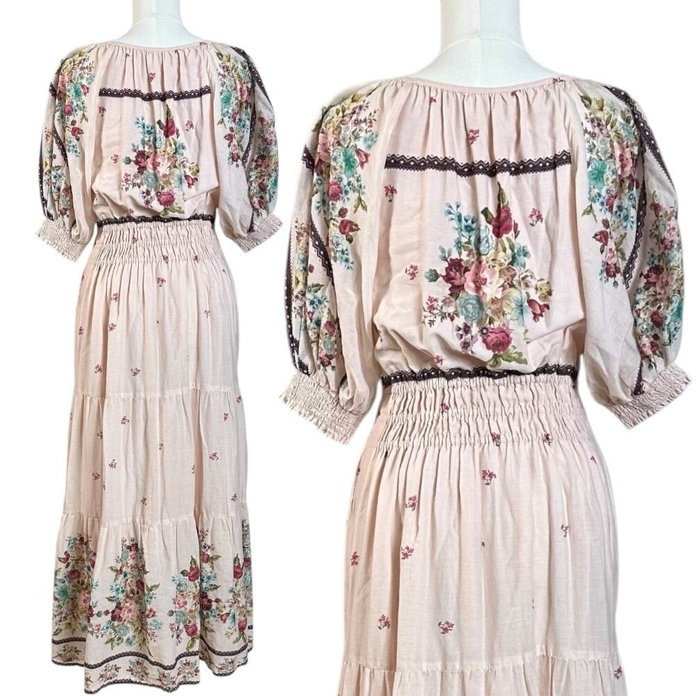 Anthropologie The Somerset Puff Sleeve Maxi Dress Cream Floral Cottage Small - Picture 9 of 13